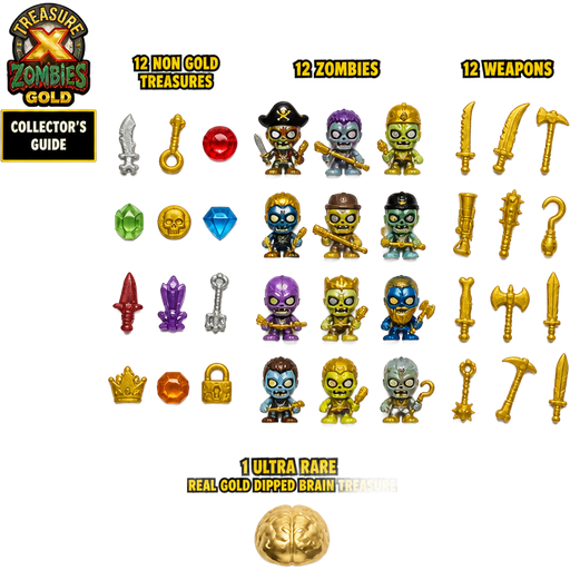 moose toys treasure x zombies gold collectors guide 12 non-gold-treasures for zombies and 12 zombies and 12 weapons 1 ultra rare real gold dipped brain treasure