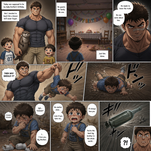 A DETAILED AND LIFELIKE ANIME LONG Comic Book story view of a Bulky but Muscular ANIME Cute Bara Man With Peach toned skin Who looks Normal aind round facial Structure and Basic facial structure With Puffy and Big Pecs that are visible through the shirt and Biceps and Bandaid on his nose and Brown short hair that makes them look tough. Wearing normal With his pet Grown and healthy realistic otter and 2 little brothers that are in different ages but young. At the baby brother‘s birthday party And the baby on his birthday was left home alone with no one at his party and it was a prank from him with no one around to show that the baby isn’t loved And so he picks the little baby brother up at his alone Party by the arm and the baby brother fly’s into to the floor and cries but is to weak and the baby brother sits there coughing and gets up slowly. And expresses his undying love for his big brother. and a glass bottle flies