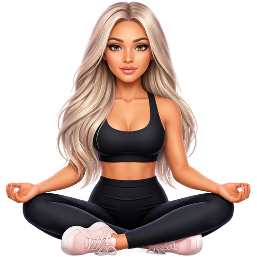 A icy blonde long hair latina woman with gray color eyes and freckles not smiling sitting in a yoga pose with a black workout outfit and pale pink sneakers