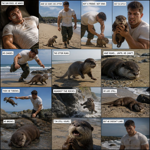 A Picture by picture Comic book story about of a Bulky Cute Bara Man American 20 year old with a ROUND and BASIC facial structure and Young Adult BARA CUTE that is Peach Toned skin not anything else MALE not to detailed With bigger than average Pecs that are visible through the shirt and Biceps and a big Bandaid on his nose and Left Cheek and Right Eye brow with Scars all over his Chest and arms. Wearing a White baggy shirt and jeans that is tight around the waist and Baggy Camo Cargo pants drenched in sweat and Short and Brown Strait Fluffy Hair and Strait with brown eyes and black eyebrows with a Three finger Slash on his Eyebrow. With no Facial Hair. Waking up in the morning at the Beach and his pet Puppy but Excessively bully’s it and the otter always runs but gets tired until the owner threw him at a rock. And the otter lays there. And breaks down, and the otter tries to convince his owner but no