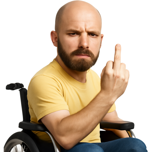 A bald man with a brown beard and mustache in a wheelchair flicking you off