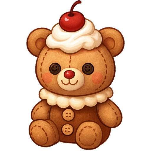 A cute root beer float themed bear clown voodoo doll with whipped cream and a maraschino cherry with cute matching button eyes and bright root beer brown stitching with the cutest fluffy outfit that looks like a root beer float
