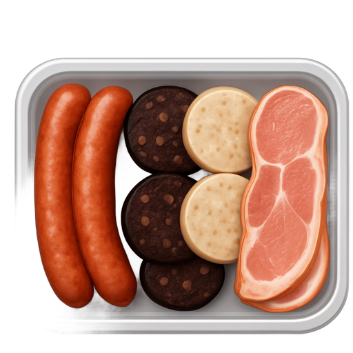 Four meats in a sealed meat container: four sausages, black puddings, white puddings, and slices of Irish bacon