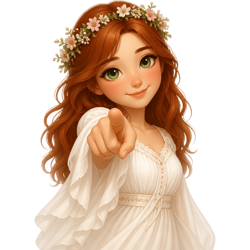 A girl with auburn hair and green eyes pointing at the screen. She is wearing a white and flowing dress with a flower headpiece. She is saying “you are beautiful”