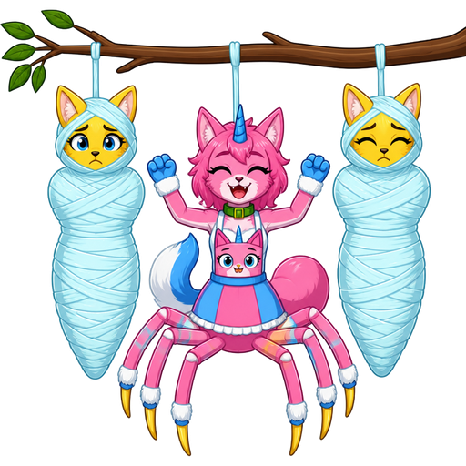 wrapped up and mummified fully covered in a #B8FFFF spider slik cocoon shaped like yellow anthro female cat girl anthro worried with arms behind back with #B8FFFF spider slik wrappings completely covered with thick layers non-transparent #B8FFFF spider slik wrappings hanged to the branch on the left side next to wrapped up and mummified fully covered in a #B8FFFF spider slik cocoon shaped like anthro yellow cat girl anthro arms behind back with #B8FFFF spider slik wrappings completely covered with thick layers non-transparent #B8FFFF spider slik wrappings hanged to the branch on the the right side next to happy anthro femboy pink cat drider with blue and white tail white wrists blue hands white ankles yellow tips on spider legs green collar blue unicorn horn wearing femboy clothing based on unikitty