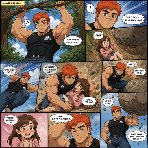 A Full page Anime Comic book story about of a masculine and Bulky ANIME Cute Bara Man American 20 year old with a ROUND and BASIC facial structure and TENAGE Peach Skinned BARA CUTE MALE not to detailed With bigger than average bulging Pecs that are visible through the shirt and bulging Biceps and a big Bandaid on his nose and Left Cheek and Right Eye brow. Wearing a no piercings baggy sleeveless Black Adidas Athletic shirt that is tight around the waist and jeans and a belt and Short and Red Hair and Bright Orange Hair fluffy and Strait with brown eyes and black eyebrows. Hanging on a tree branch and getting into the tree and jumping down on his crush and saves her from a Rock bolder and jumps down and picks the rock with one hand.