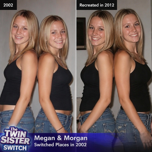 give me people trying to re-create a photo from the 2000s and they were on a show called the twin sister switch