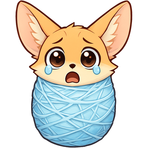 #B8FFFF cocoon wrapped up coated with think coat of #B8FFFF webbing #E5AA70 furry fennec fox shocked and teary eyes covered with #B8FFFF coated with think coat of #B8FFFF giant webbing and silk coating with #B8FFFF silk , anime style emoji, cute expressive character