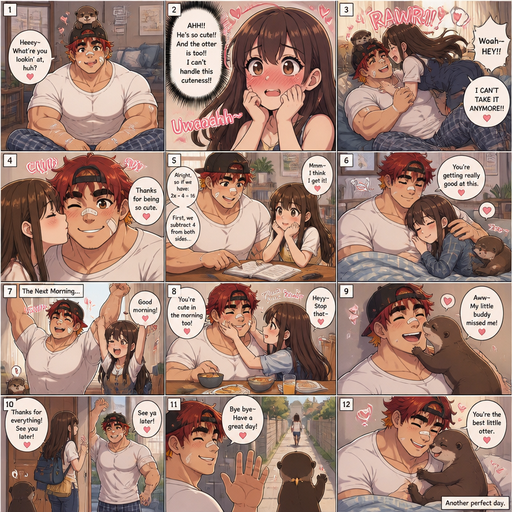 A Full page Anime Comic book story about of a masculine and Bulky ANIME Cute Bara Man American 20 year old with a ROUND and BASIC facial structure and TENAGE BARA CUTE MALE not to detailed With bigger than average Chunky Beefcake Pecs that are visible through the shirt and Chunky Beefycake Biceps and a big Bandaid on his nose and Left Cheek and Right Eye brow. Wearing a no piercings Baggy White shirt and pajamas pants and Red Hair and Bright Orange Hair Tips and Strait with brown eyes and black eyebrows and baseball hat and a Very slim Waist. Sitting down looking up And Balances a Cute Young Otter on his head and Licking his lips and making his crush blush Cause his Otter is so cute hat had cuteness aggression against him cause his pet Otter plays with him and is cute. She laughs and she takes him down while they play fight. And she kisses him on the Cheek. And he teaches her some Math and they snuggle. And they wake up the next and go eat breakfast and she pinches his cheeks and says that he’s cute in the morning too. And the Otter comes and snuggles him. And the otter wave by with him when his crush goes home