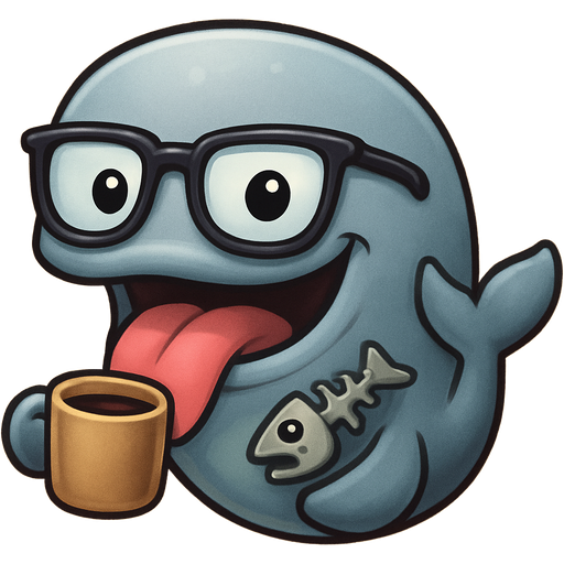 A sperm whale putting glasses and the toung sticking out a sperm whale fin holding a cup of coffe and he ate an barracuda
