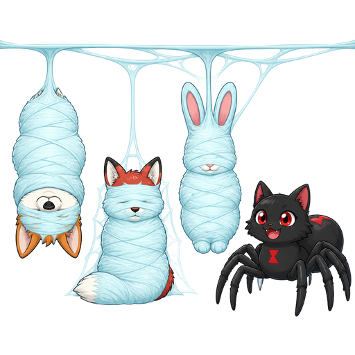 wrapped up and mummified fully covered in a #B8FFFF spider slik cocoon shaped like furry corgi upside down arms behind back and legs together with #B8FFFF spider slik wrappings completely covered with thick layers non-transparent #B8FFFF spider slik wrappings hanging on the ceiling next to wrapped up and mummified fully covered in a #B8FFFF spider slik cocoon shaped like furry fox arms behind back and sitting down with #B8FFFF spider slik wrappings completely covered with thick layers non-transparent #B8FFFF spider slik wrappings with #B8FFFF silk coating of webbing on the wall next to wrapped up and mummified fully covered in a #B8FFFF spider slik cocoon shaped like furry rabbit hanged with #B8FFFF spider slik wrappings completely covered with thick layers non-transparent #B8FFFF spider slik wrappings on the ceiling next to a happy black widow spider cat drider hybrid