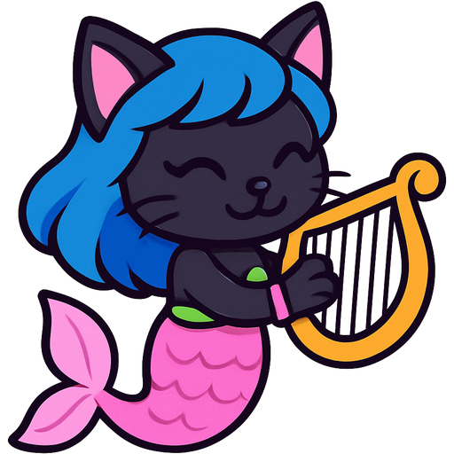 black cat blue hair green top bikini #FF69B4 bracelets #FF8AE0 mermaid tail with #FFB8FD back fins and #FFB8FD tail fins holding harp emoji, artistic style