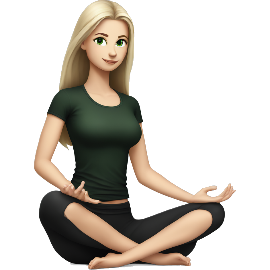 Beautiful white girl with perfect dark brown long straight amazing hair and green eyes sitting in yoga pose with black outfit (short sleeve top)