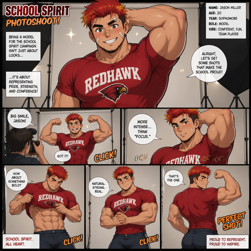 A Full page Anime Comic book story about of a masculine and Bulky ANIME Cute Bara Man American 20 year old with a ROUND and BASIC facial structure and TENAGE BARA CUTE MALE not to detailed With bigger than average Pecs that are visible through the shirt and Biceps and a big Bandaid on his nose and Left Cheek and Right Eye brow. Wearing a no piercings Modeling a School Spirit Clothes that are tight around the waist and Pants and Red Hair and Bright Orange Hair Tips and Strait is wearing a Motorcycle haircut with brown eyes and black eyebrows. Taking Hot, Dreamy and Attractive Photos and flexing