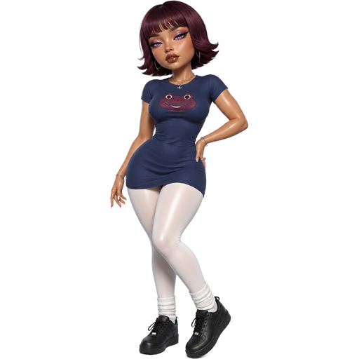Artemis With a Fair-Light Neutral Olive Beige Skin Tone and a Wide Lip Shape and a Natural Eyelash Style Set Up and a Cinnamon Lipstick with a Glittery Rose Red Eyeshadow and a Modern Tail-Arched Eyebrow with a Monolid Eye Shape and an Oval Face Shape With a Reddish Purple Flipped Short Bob Including Bangs and Purple Eyes with a Blue Mini Crewneck T-Shirt Dress and a Frog’s Face that Happens to also be Reddish Purple Wearing Long White Legging Pants and Black Sneakers with a Luminous Glazed Complexion and a 3D Naturalistic Animation with a Mature Adult Curvy Toned Build and a Luxury Glossy with a Refined Pristine Set Up and a Theatrical Appearance