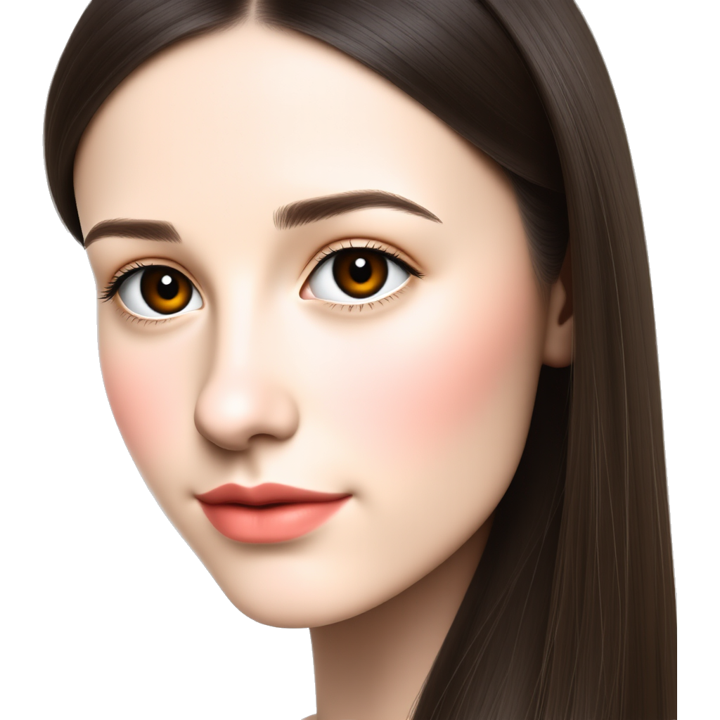 "Portrait of a girl with brown eyes and straight dark brown hair, soft pastel makeup, dreamy background, ethereal vibe."