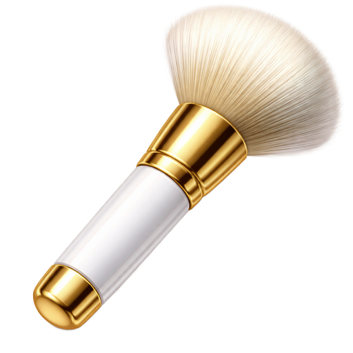 Ultra-realistic, hyper-detailed nail dusting brush, sleek handle in glossy pristine white with luxurious gold accents on the ferrule and tip. The bristles are soft, finely textured, and slightly fanned out as if ready for use, with subtle highlights and shadows emphasizing depth and three-dimensionality. Include realistic reflections on both handle and ferrule, giving a professional, high-end, luxurious aesthetic