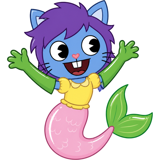 blue boy cat furry with purple hair and green very long rubber gloves yellow dress tucked in light pink mermaid tail with white highlights with green tail fins (happy tree friends)