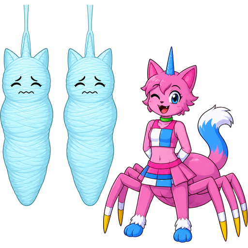 unikitty version wrapped up and mummified fully covered in a #B8FFFF spider slik cocoon shaped like anthro female cat anthro worried arms behind back with #B8FFFF spider slik wrappings completely covered with thick layers non-transparent #B8FFFF spider slik wrappings hanged to the ceiling on the left side next to wrapped up and mummified fully covered in a #B8FFFF spider slik cocoon shaped like anthro female cat anthro worried arms behind back with #B8FFFF spider slik wrappings completely covered with thick layers non-transparent #B8FFFF spider slik wrappings hanged to the ceiling the left side next to happy anthro femboy pink cat drider with blue and white tail white wrists blue hands white ankles yellow tips on spider legs green collar blue unicorn horn wearing femboy clothing based on unikitty