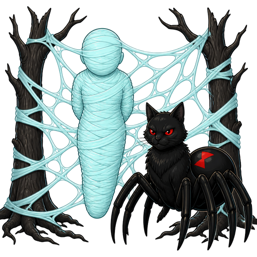 wrapped up and mummified fully covered in a #B8FFFF spider slik cocoon shaped like boy arms behind back with #B8FFFF spider slik wrappings completely covered with thick layers non-transparent #B8FFFF spider slik wrappings stuck in giant #B8FFFF spider webs between two tree next to a male black widow spider cat drider hybrid in a dark forest cartoon clipart style