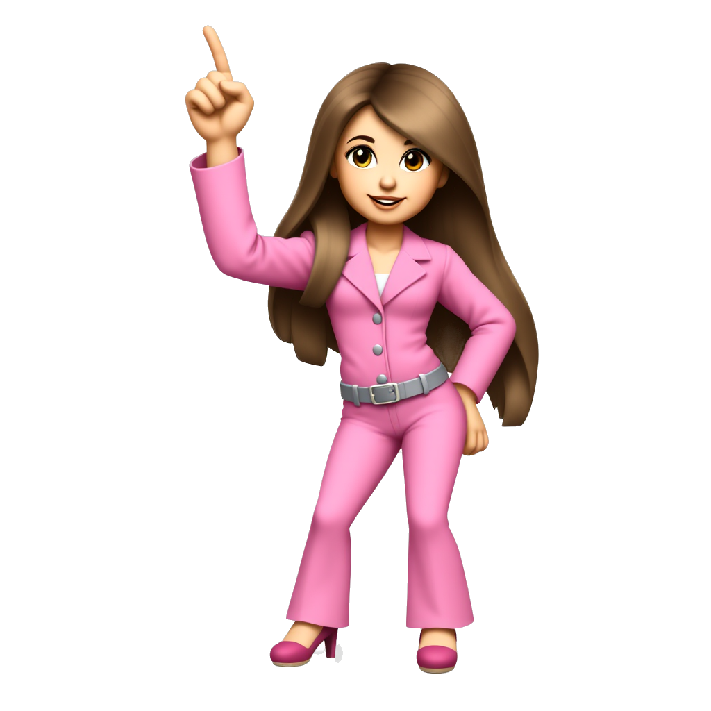 Long haired girl with one hand in the air pointed up in a pink seventies era disco suit dancing emoji quality