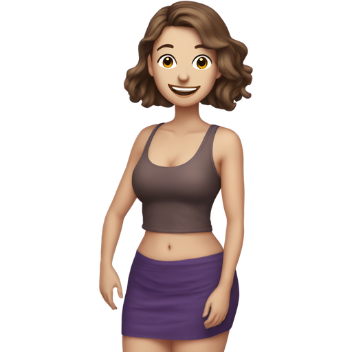 WhiteGirl, brown hair, tank top and skirt, smiling, with hand around eggplant, water coming out the top of the eggplant, on butt