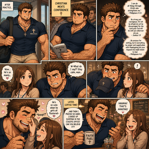 A ANIME Comic Book STORY of a Bulky but big and Bulky ANIME Cute Bara Man With Peach toned skin Who looks Normal and a huge and Masculine round facial Structure and Basic facial structure With Puffy and Big Pecs that are visible through the shirt and Biceps and Bandaid on his nose and Brown Spiky hair. Wearing a collard shirt and short shorts with and has a Hairy body and looks very manly with a chain . After practice he sits on A chair at a Christian conference and doesn‘t have A chain. And with A girl looking at him and he thinks of Bible verses and he gets nervouse and anxiuose puts his hand around her shoulder and he sweats like crazy she likes how manly he is and he holds his hat in his mouth an he looks Attractive. And cheekly take the hat and boops his nose and they giggle close. And he Takes her to coffee and he makes her laugh
