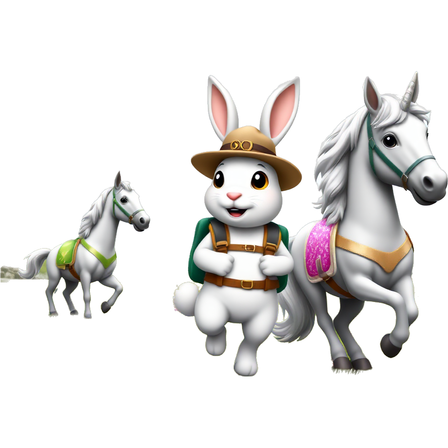 "Whimsical Bunny wearing a tiny explorer's hat and a backpack, joyfully prancing alongside majestic horse unicorn hybrids adorned with colorful, shimmering saddles, frolicking in a lush, enchanted meadow filled with sparkling wildflowers and fluttering butterflies under a radiant rainbow sky."