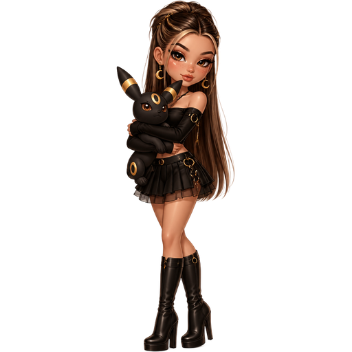 semi-realistic soft cartoon luxury glam, mini plush Bratz-doll aesthetic, cinematic glow, crisp clean detail, glossy glam skin. brown eyed Petite 5ft girl, fair skin with soft freckles, wide face with tall forehead, honey-brown almond wide-set upturned eyes, fluttery lashes, shimmer highlight, plush lips, bottom heavy lip, sweet Belle-princess vibe, long straight brunette hair with visible light blonde highlights, wearing a black off-shoulder fitted crop top with gold ring details, a black pleated mini skirt with sheer layered panels, gold moon earrings, black knee-high heeled boots, sleek half-up hair with tiny gold clips, holding Umbreon from Pokémon in her arms with a confident smirk