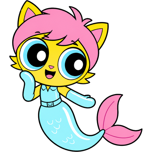 yellow boy cat furry with pink hair and light cyan very long rubber gloves light cyan dress tucked in light cyan mermaid tail with white highlights with pink tail fins (powerpuff girls version)