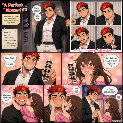 A Full page Anime Comic book story about of a masculine and Bulky ANIME Cute Bara Man American 20 year old with a ROUND and BASIC facial structure and TENAGE BARA CUTE MALE not to detailed With bigger than average Pecs that are visible through the shirt and Biceps and a big Bandaid on his nose and Left Cheek and Right Eye brow. Wearing a no piercings Black suit a White and Pants and Red Hair and Bright Orange Hair Tips and Strait is wearing Fluffy short Hair a brown eyes and black eyebrows. Taking Hot, Dreamy and Attractive Photos in a Photo Booth. And then gives them to Olivia and she Blush. And then hugs him and she spinchs his cheeks and says who’s my handsome Boy. She kisses him on the Cheek. He lovely and daringly grabs her hand and says let’s go get ice cream
