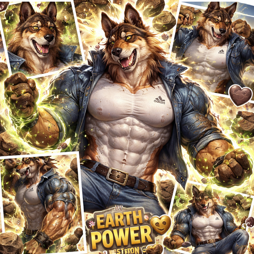 A Very Flirty, Hot and Attractive animal that is a Chunky and Hunky Sabertooth mixed with a German Shepard with Ginormous Biceps and Pecs Bara furry in a Tight White Adidas Shirt and Jeans And A Jean Jacket All powerful Geo kinetic Elemental Powers controlling The Earth. Dripping with Sweat. A Collage