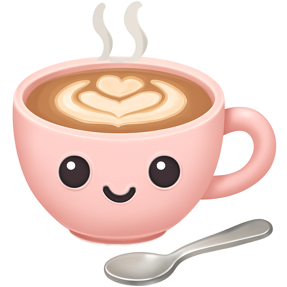 Pastel pink cup with steaming hot coffee. Make it even more cuter and add eyes and milk froth in a pattern add cute bright sparkles add a teaspoon