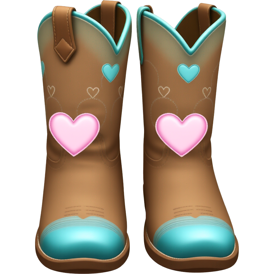 Brown Cowboy boots with turquoise upper section and pale pink hearts that are outlined by a little bit of silver glitter