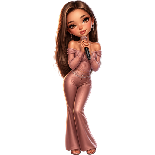 semi-realistic soft cartoon luxury glam, mini plush Bratz-doll aesthetic, cinematic glow, crisp clean detail, glossy glam skin. brown eyed Petite 5ft girl, fair skin with soft freckles, wide face with tall forehead, honey-brown almond wide-set upturned eyes, fluttery lashes, shimmer highlight, plush lips, bottom heavy lip, sweet Belle-princess vibe, long straight brunette hair with visible caramel highlights, wearing a dusty rose off-shoulder fitted top with silky flare pants and crystal earrings, holding a microphone while swaying gently in a romantic slow-song pose