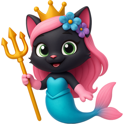 black cat smiling pink long hair golden crown purple and blue flowers green eyes light pink gloves very long cyan mermaid tail with pink fins swimsuit cyan holding a golden trident despicable me style fan character emoji, expressive cute style