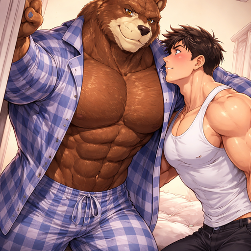 A Full BODY and FACE of a Muscular and Buff and a Gigantically Muscular with Chunky Gigantic Pecs AND biceps and a BIGGER head with the Perfect Waist. VERY Masculine and handsome ANIME Bara Furry Grizzly Bear with a VERY Good-looking and Mature Face and brown eyes with a wrestler type body. Wearing Pajamas. with his buff human Crush looking at him and blushing. Leaning over him