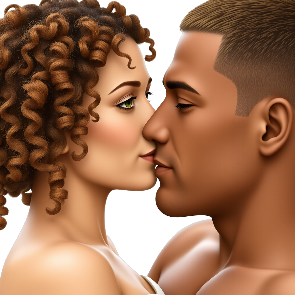 a woman with long curly hair green eyes kissing a man with brown hair and short hair with dark tan skin on a beach