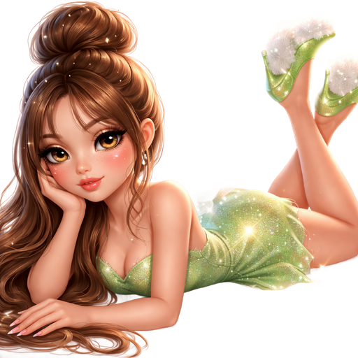 soft airbrushed glam, mini plush Bratz-doll aesthetic, cinematic glow, crisp clean detail, glossy soft skin. brown eyed skinny Petite girl, fair skin with soft freckles, wide face with tall forehead, honey-brown almond wide-set upturned eyes, fluttery lashes, shimmer highlight, plush lips, bottom heavy lip, sweet Belle-princess vibe, medium-long brunette hair with visible caramel highlights. softly defined feminine body, soft hourglass shape with full round bust, dressed as modern day chic Tinkberbell. hair in bun like Tinkberbell. sleek almond nails. peachy-pink blush with shimmer highlight, glossy shimmer lips. lying down pose. full body showing.Cozy romantic glow, soft warm lighting, pop-princess energy
