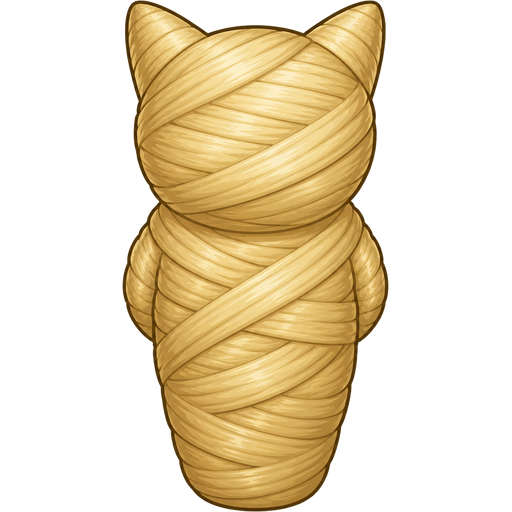wrapped up and mummified fully covered in a blonde hair cocoon shaped like cat with arms behind back with blonde completely covered with thick layers non-transparent blonde hair blonde hair