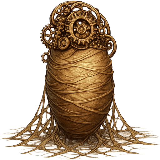 mega slikworm cocoon upright covered with huge coating of slik and huge slik wrappings and huge webbing wrappings on the ground