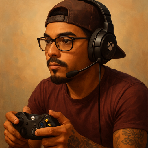 Hispanic Gamer guy wearing a hat with glasses and goatee and Xbox headset with tattoos playing arc raiders on Xbox