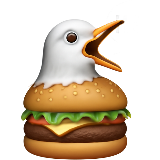 Half seagull half burger with cheese and lettuce and meet and tomato’s and the seagull shouting helpin a speech bubble