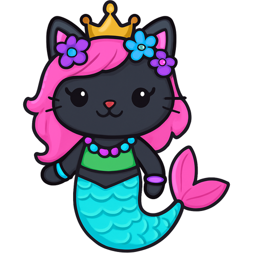 black cat with pink hair purple and blue flowers golden crown purple and green necklace pink and blue bracelets green swimsuit top long cyan and white mermaid tail with pink fins unikitty! style
