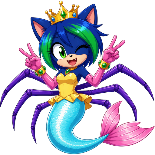 smiling dark blue boy cat furry with green and blue hair wearing golden crown green braclets attached to pink long rubber gloves yellow dress tucked in a light cyan mermaid tail with white highlights with pink tail fins with six purple spider legs (sonic x anime)
