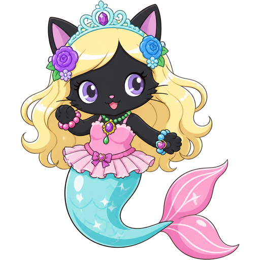 black cat with light yellow hair purple and blue flowers light cyan crown purple and green necklace pink and blue bracelets pink dress attached to long light cyan mermaid tail with white highlights with pink tail fins with white highlights ( based on Garnet (Jewelpet)