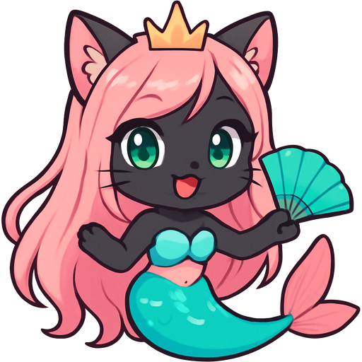 black cat pink long hair crown green eyes very long cyan and white mermaid tail with pink fins swimsuit cyan fan character emoji, expressive cute style
