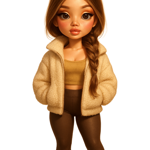luxury glossy bratz-doll romantic aesthetic, warm cinematic glow, crisp clean detail, glossy glam skin. brown eyed Petite girl, fair skin with soft freckles, long wide face with tall forehead, honey-golden almond wide-set upturned eyes, fluttery lashes, shimmer highlight, plush lips, bottom heavy lip, sweet Belle-princess vibe, long straight brunette hair with visible light blonde highlights, softly defined feminine body, soft hourglass shape with full round bust, oversized cream sherpa zipped jacket with honey beige ribbed cami peeking through, paired with muted chocolate high-waist leggings, black platform ankle heeled boots with pointed toes, warm honey gloss, hair in soft side-parted fishtail braid over shoulder with tendrils framing face, almond shimmer eyeshadow and subtle coral blush. Cozy romantic glow, soft warm lighting, pop-princess energy, shimmer highlight, sparkly glow