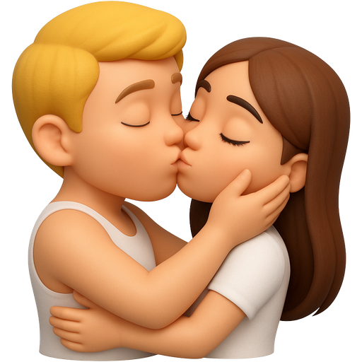 A boy with blonde hair and blue eye color wearing white vest is kissing his girlfriend which is in a white t-shirt with brown long hair,long lashes and green eye color, the boy hugs his girlfriend and her hand is on his cheek, and his hands are on her back, the boy is bigger and they have both eyes closed