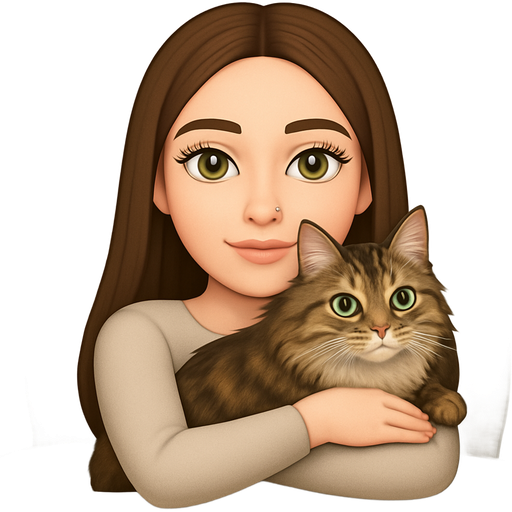 girl with long brown hair, middle part straight hair, skinny, hazel green eyes, LONG eyelashes, oval face, THIN eyebrows, medium lips, nose stud, hugging her long haired siberian cat with brown tortie tabby colour and green eyes, cuddling in bed